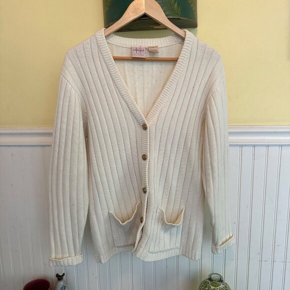 Vintage Ivory Button-Up Cardigan Sweater With Gold Buttons & Pockets By Liz Thom - Picture 1 of 8